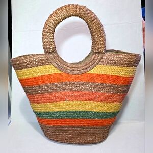 Large Straw Lined Ratan Woven Striped Tote Bag Boho Western Beach Shopping